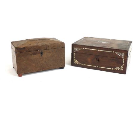 A Victorian burl walnut tea caddy, of sarcophagus form, 23cm wide, together with a Victorian rosewood fitted work box, inlaid