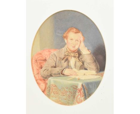 William Buckler (1814 - 1884), Portrait of a Gentleman, seated half length at a desk, signed and dated 1856, watercolour, ova