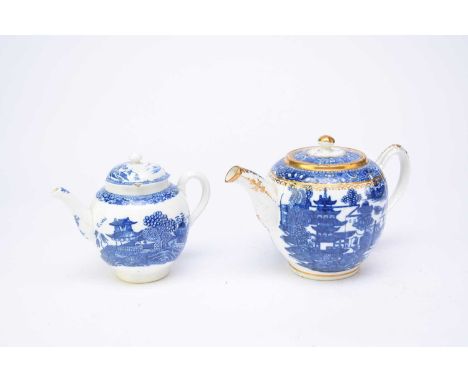 Two Caughley teapots and coverscomprising a 'Pagoda' example, circa 1782-92, transfer-printed in underglaze blue and over-dec