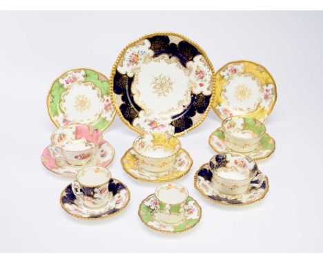 An assembled group of Coalport batwing tea and coffeewares, assorted colourways (including the scarce pink and yellow)early 2