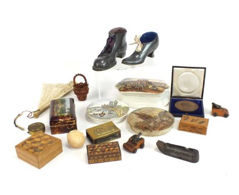 A miscellaneous collection of curios, including a Tonbridge-ware, tumbling block pattern box, a pair of miniature canons on c