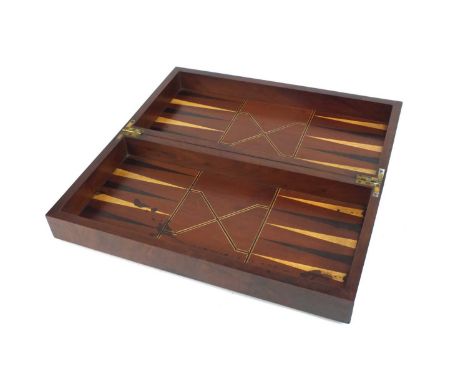 A 19th century mahogany and rosewood veneered chess and backgammon board/box, minor damage, 45cm wide x 22cm deep x 11cm deep