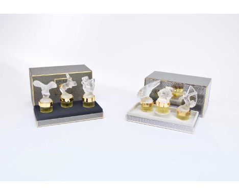 A set of three Lalique Mascot Collection miniature perfume bottles: Lion, 1998; Saggitarius, 1999 and Phoenix 2000, with the 