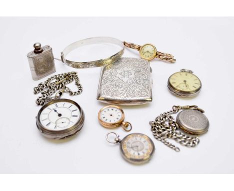 A collection of four various silver open-face pocket watches, all for repair/restoration, with two silver fob chains, gross w