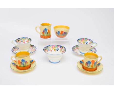 Clarice Cliff for Newport Pottery, a Bizarre coffee service in the Crocus pattern comprising six coffee cans, six saucers, a 