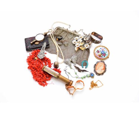 A collection of costume jewellery, to include; a stick coral necklace, a silver and blue enamel horseshoe brooch,  a graduate