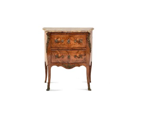 An early 20th century French, Louis XV style, serpentine fronted, kingwood and floral marquetry, petite commode, with brass m