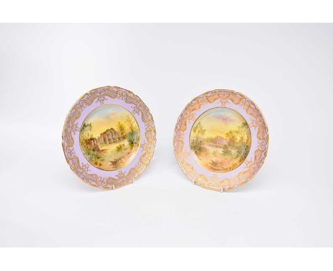 A pair of Royal Doulton landscape cabinet platesearly 20th centurywith lavender and gilt borders, hand-painted with named vie