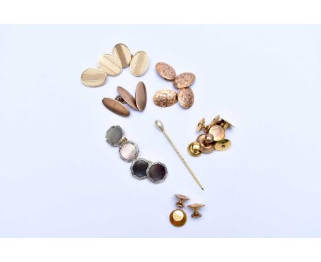 A cased pair of 9ct gold cufflinks, with engine turned decoration, together with a pair of hexagonal mother of pearl cufflink