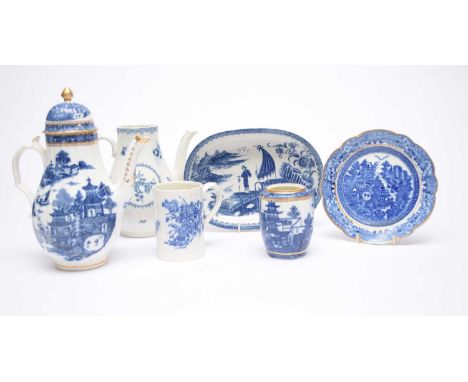 An interesting group of Caughley and early Coalport porcelain, comprising a transitional period hybrid hard-paste jug, circa 