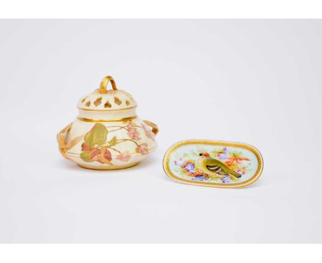 A Royal Worcester pot pourri jar with inner and outer cover, shape 1326, dated 1891, with moulded and printed floral decorati