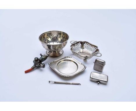 A silver pedestal bowl, Sheffield 1919, together with a silver beaker, a two handled silver bon bon basket, two silver ashtra