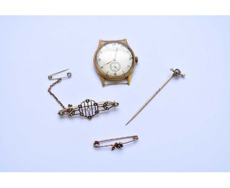 An early 20th century seed pearl set bar brooch, stamped '15ct', weight approx 3.6g, together with an early 20th century diam