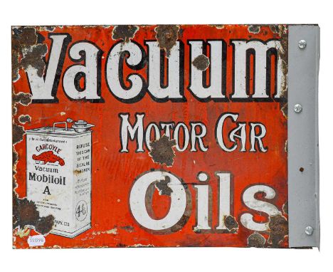 Gargoyle Vacuum Motor Car Oils: A Double-Sided Enamel Advertising Sign, with later mounting bracket, 41m by 54.5cm (a/f)