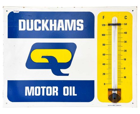 Burnham-London: A Single-Sided Enamel Advertising Sign, Duckhams Motor Oil, with thermometer (a/f), 51cm by 66cm