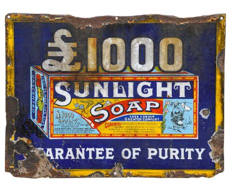 Sunlight Soap, Guarantee of Purity: A Single-Sided Enamel Advertising Sign, 38cm by 50cm (a/f)