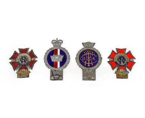 J R Gaunt, London: A Chrome Plated and Enamelled Car Badge, surmounted by a crown; A JR Gaunt Blue Enamel Car Badge; and Two 