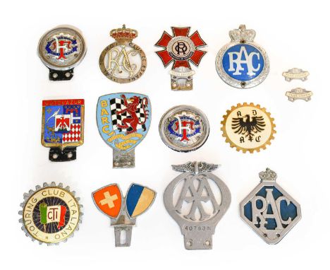 Fourteen Assorted Metal, Chromed and Plastic Car Badges, to include RAC, British Automobile Racing Club, Touring Club de Fran