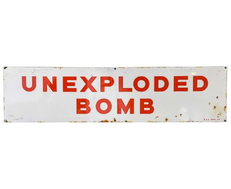 R &amp; M Main Ltd: A Single-Sided Enamel Advertising Sign, Unexploded Bomb, 22.5cm by 91cmCondition report: Various decay as