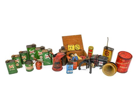 A Vintage Shell 2-Gallon Fuel Can; A Vintage Oil Funnel; A Workshop Manual for the Austin-7; and A Box of Garringtons &amp; L