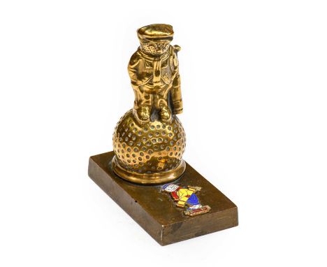 A Solid Brass Golfer Car Radiator Mascot, mounted on a rectangular base with enamelled Dunlop advertising figure, 10cm highCo