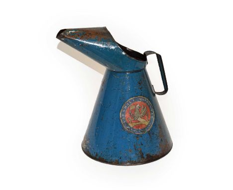 A Blue Painted Oil Can, with paper level Vauxhall Motors Luton England, with moulded handle and pouring spout, 32cm high