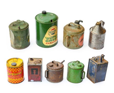 Nine Assorted Vintage Oil/Fuel Cans, to include Shell-Mex, Stellar Lamp Oil, Carburol, Aladdin Pink Paraffin, Regent Super Gr