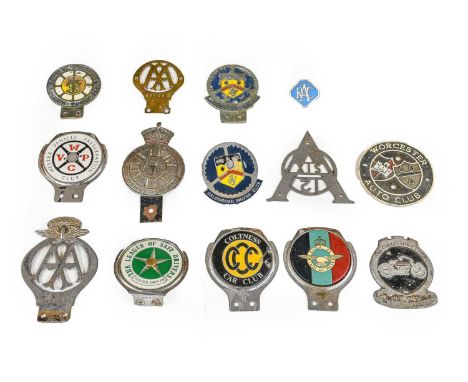 Fourteen Assorted Chromed and Enamel Car Badges, to include AA Rhodesia Members’ Club, Edward VII Coronation, RAC, Worcester 