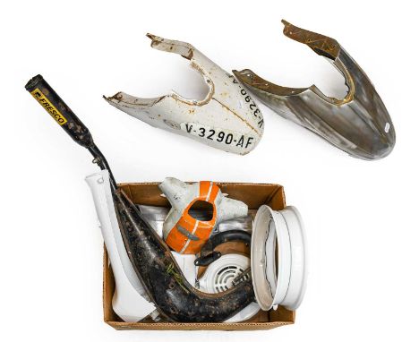 A Quantity of Mainly Motorcycle Spares, to include petrol tank covers, Frostco exhausted, pressed number plates, car head lam