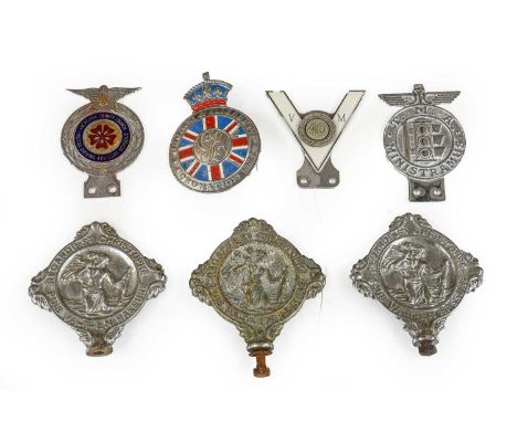 St Christoph: Two Chromed Car Mascots; A Matching Cast Metal Example; A Veteran Motors 40 Year Car Badge; A 1937 Coronation E