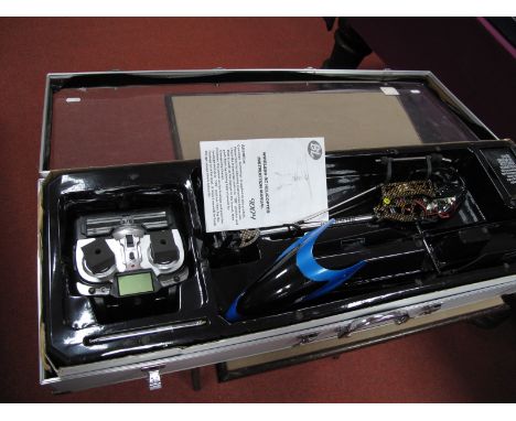A Wireless RC Model Helicopter, by BL, legnth approximately 50cm, R/C control unit, presented in a aluminium perspex fronted 