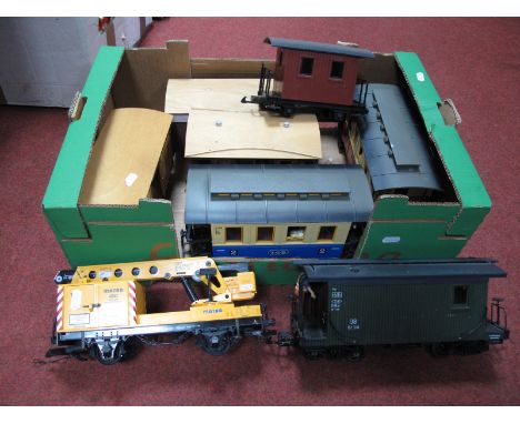 Eight 'G' Scale Rolling Stock Items, including L.G.B 2nd Class Coach, L.G.B Crane wagon, some scratch built items noted, play