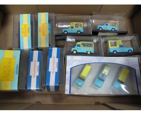 Twelve Oxford 1:43rd Scale Diecast Model Ice Cream Vans, including Walls Morris Minor, Walls Mini. boxed.