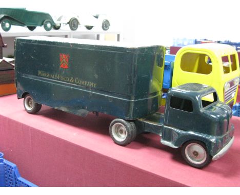 A Mid XX Century Pressed Steel Articulated Lorry, by Tonka Toys of the USA, comprising cab, box trailer with rear opening doo