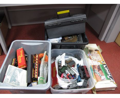 Contents of a "OO" Gauge Railway Modellers Workshop, items include chassis, locomotive bodies, rolling stock, bogies, name pl