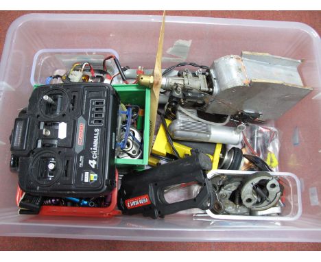 Contents of an Aero Modellers Workshop, including petrol powered Aero engine, Graupner cam folding prop, glow plugs, receiver