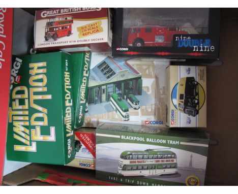 Seven Diecast Model Vehicles by Corgi, Atlas Editions, including Atlas editions 1:76th scale Blackpool balloon tram, Corgi ni
