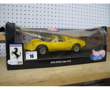 Mattel Hot Wheels 1:18th Scale Diecast Model Ferrari 1970 Dino 246 GTS 'Yellow', boxed, damage to box noted.