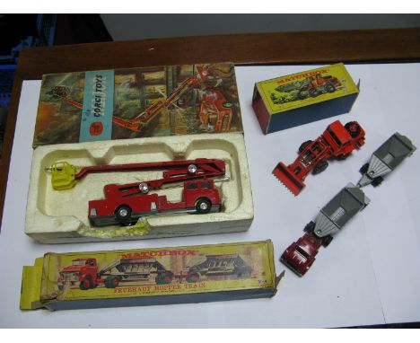 A Corgi Toys No 1127 Simon Snorkel, Matchbox king size No 3 Hatra tractor shovels and No M-4 hopper train, all playworn, fair