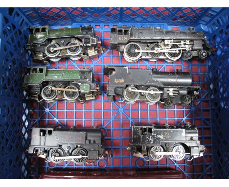 Seven Trix T.T.R Locomotives Three Rail, unboxed, a BR maroon "Warship" diesel, two "Freelance" 0-4-0 Tank Steam locomotives,