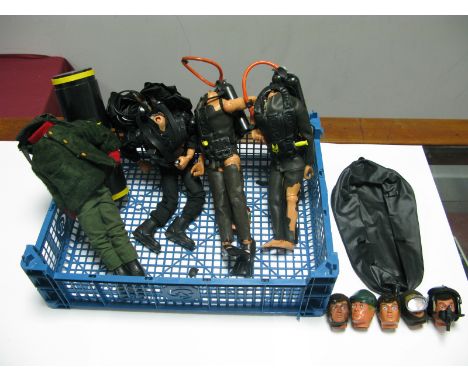 Four Clothed Action Man Bodies, (circa late 1970's/1980's) including SAS Soldier, SAS Underwater Attack, six Action Man heads