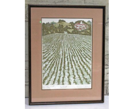 After Simon Palmer (b1956), "The Village on the Hill", limited edition print, 25cm x 35cm, signed in pencil, glazed and frame