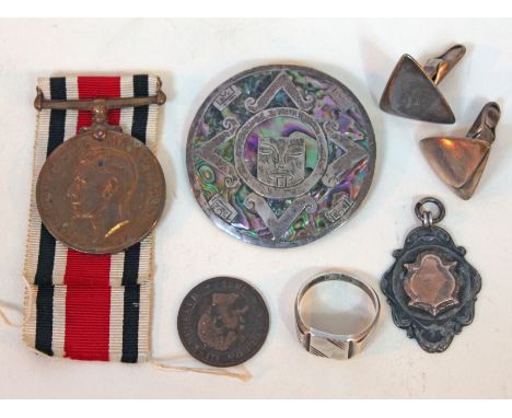 A mixed lot comprising a Faithful Service medal, a pair of Danish silver cufflinks, a Mexican silver brooch, a hallmarked sil