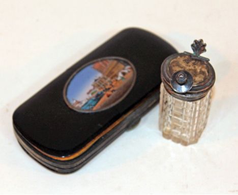 A 19th Century lacquer lorgnette case with pictoral scene containing two pairs of yellow metal spectacles, together with cut 