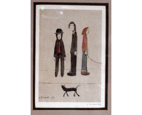 After Laurence Stephen Lowry (1887-1976), "Three Men and a Cat", limited edition print, 16.5cm x 24.5cm, blind stamp lower le