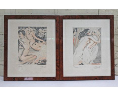 After Arthur Greuell (Belgian 1891-1966), Art Deco erotic female nudes, pair, coloured engraving, 16cm x 21cm, signed in penc