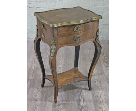 A French 19th Century gilt metal mounted and parquetry walnut venered bedside table with two drawers and lower shelf, height 