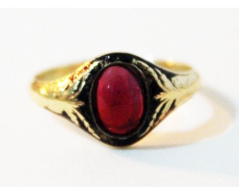 A 19th Century yellow metal black enamel and purple cabochon ring, gross wt. 1.6g, size I.