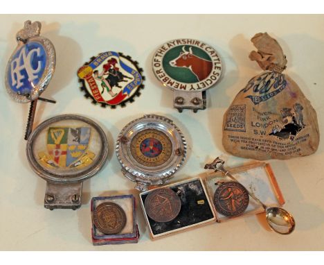 A mixed lot to include car badges, marbles, medals and a hallmarked silver spoon with dog finial.