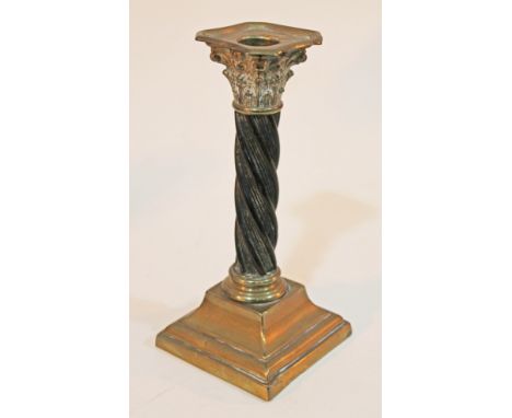 A twist horn and brass Corinthian column candlestick, height 19.5cm.